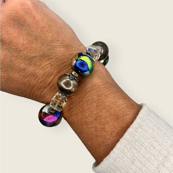 925 Solid Silver Ball Bracelet Artisan Dichroic Glass Large Facet Crystals 7.25” - Picture 5 of 11